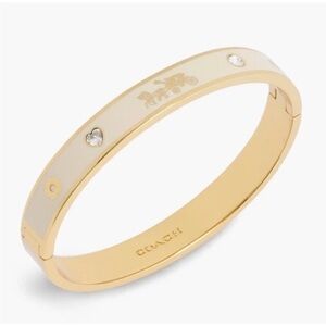 Coach White Gold Enamel Bangle Bracelet Horse Carriage Crystal Hinged 7” EUC!!